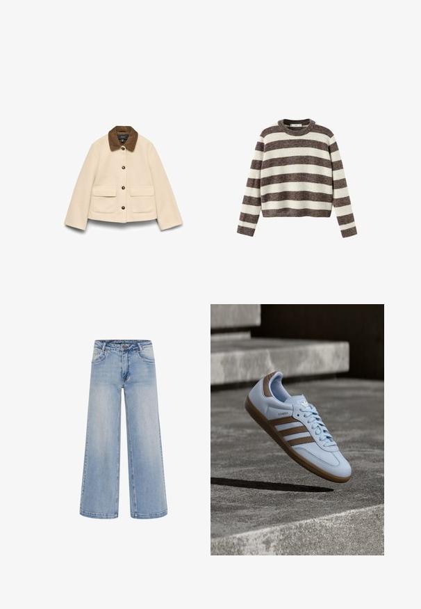 Flødefarvet uldjakke med brun kordfløjls-krave, med to forlommer og brune knapper, struktureret design med lange ærmer.; Stripet pullover sweater i creme og mørkebrun. Ribstrikket rund hals, lange ærmer og en kortet kant. Blød tekstur med en afslappet pasform.; Lyseblå brede jeans med høj talje, fem lommer og kontrastsyninger. Fremstillet af denim med en glat tekstur.; Lyseblå sneakers med brune ruskindsdetaljer, tre laterale striber, flade snørebånd og en tekstureret gummisål. Mærkelogo på tungen.