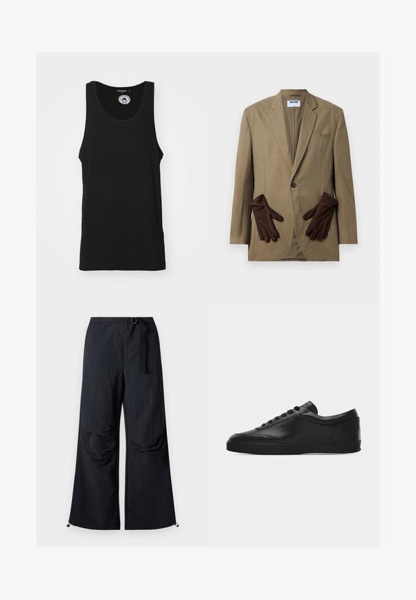 Khaki blazer med enkelt knap, v-formede slag og to frontlommer. Brune handsker placeret i lommen. Glat stof, struktureret design.; Sort ærmeløs tank top lavet af bomuld med en rund halsudskæring og prægede logo detaljer foran. Rent, minimalisk design.; Sorte bukser med vide ben lavet af letvægtstof. Har bælte, to store sidelommer og justerbare kanter med snorlås.; Sort lavtstående lædersneaker med snørebånd foran og flad gummisål, vist fra siden på en ensartet hvid baggrund.