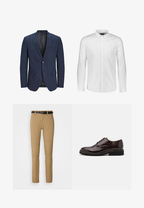Marineblazer met een gestructureerde stof, een enkele knoop aan de voorkant, twee voorzakken en een notch revers. Gevoerde binnenkant met een gladde textuur.; Witte katoenen blouse met lange mouwen, een button-down kraag, knopen aan de voorkant en een klein geborduurd logo op de linkerborst. Glad textuur.; Khaki broek met een slim fit ontwerp, gemaakt van zachte stof. Heeft een zwarte riem, twee voorzakken en een recht gesneden pijp.; Bruine leren Oxford schoen met een glanzende afwerking, ronde neus, vetersluiting en een stevige zwarte rubberen zool. Naaddetails op de bovenkant.