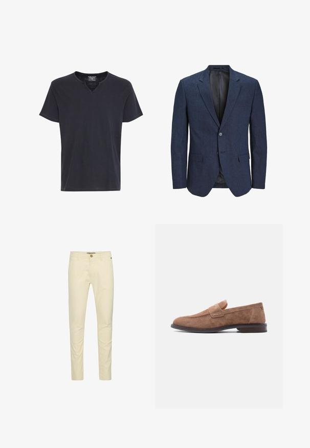 Blazer bleu marine en tissu texturé, à bouton unique sur le devant, avec deux poches à l'avant et un revers cranté. Intérieur doublé avec une texture lisse.; T-shirt noir à manches courtes avec un col en V et un design simple et épuré, présenté sur fond blanc.; Chinos en coton beige avec une coupe slim, dotés d'une fermeture à bouton et d'un subtil détail de couture sur les poches. Texture lisse avec une finition polie.; Mocassin pour homme en daim marron clair avec petit talon et détail de sangle penny, présenté en profil latéral sur fond blanc.