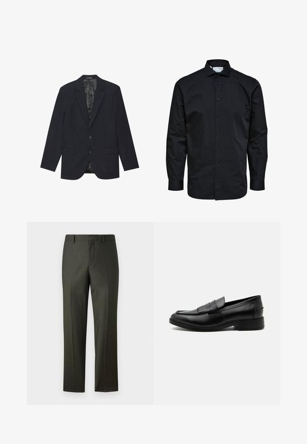 Sort blazer lavet af tekstureret stof, med slagkrave, to frontlommer, to knapper og et mønstret indvendigt for.; Herre langærmet sort skjorte med knaplukning foran og klassisk krave, lavet af glat stof.; Mørkegrønne skræddersyede bukser med en glat tekstur, lige pasform, bæltestropper og frynser foran. Ingen synlige lommer eller dekorationer.; Sort læder herre loafers med kvast detalje, rundet tå, lav hæl og glat poleret finish, vist fra siden på hvid baggrund.