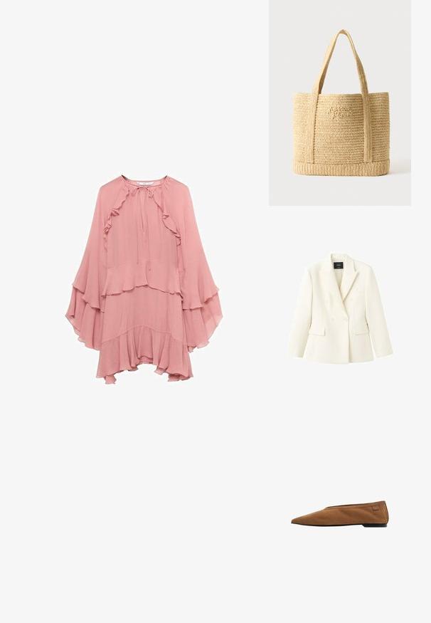 Mango Blazer - ecru; Roze chiffon jurk met een relaxte pasvorm, met ruches bij de halslijn, mouwen en zoom, en een striksluiting bij de nek.; Bruine suède platte schoen met spitse neus, lage zwarte hak en klein merkje bij de hiel op witte achtergrond.; Beige geweven strooien tas met twee schouderbanden en subtiele cursieve borduurwerk aan de voorkant, tegen een effen achtergrond.