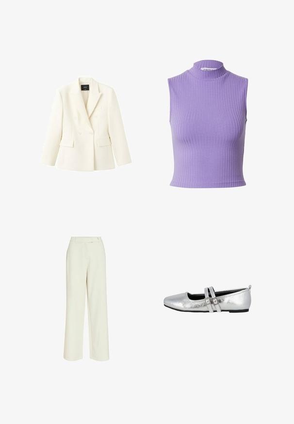 Mango Blazer - ecru; Mouwloos geribd lavendelcroptop met col, aansluitende pasvorm en verticaal textuurpatroon.; Gebroken witte wijde broek met riemlussen, platte voorkant en rechte snit, ontworpen voor een ontspannen pasvorm.; Zilveren metalen balletschoenen met een puntige neus, twee smalle banden met vierkante gespen en een lage zwarte zool. Gladde textuur.