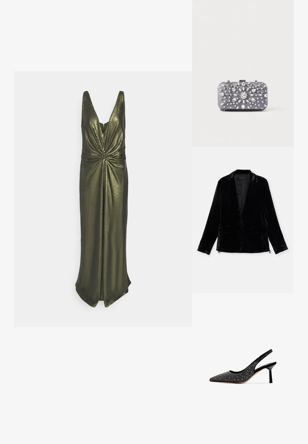 Sort fløjl blazer med lange ærmer, slagkrave, enkelt knaplukning og to forlommer. Glat tekstur og skræddersyet pasform.; Metallic olivengrøn kjole med dyb V-hals, snoet bodice-detalje og en gulvlængde, flydende silhuet. Glat, reflekterende tekstur.; Sorte suede slingback pumpe med spids tå, prydet med metalliske nitter og en blank sort stiletto hæl. Glat indvendig foring.; Lille rektangulær mørkegrå clutch pyntet med klare rhinsten i et strålende mønster og en sølvkæde som strop.