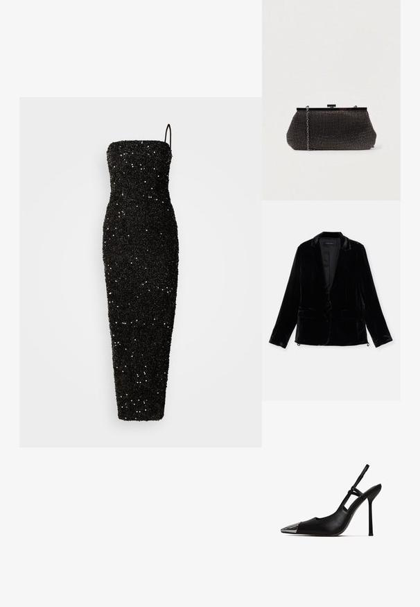 Sort fløjl blazer med lange ærmer, slagkrave, enkelt knaplukning og to forlommer. Glat tekstur og skræddersyet pasform.; Jarlo CLEMENT - Gallakjole - black; Sorte slingback pumper med spids tå og skinnende metallisk kappe. Har en høj stilettohæl og slank ankelrem. Glat lædertekstur.; Sort mesh clutch-taske med en struktureret silhuet, prydet med små metalstuds, har en låsemekanisme og en aftagelig kæderekke.