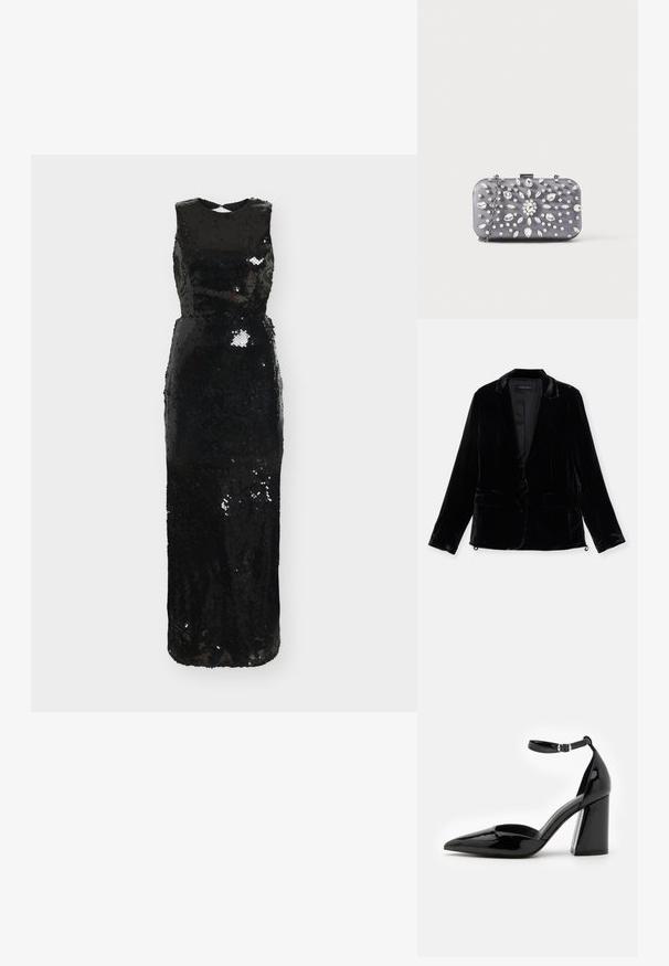 Blazer en velours noir avec manches longues, revers cranté, fermeture à un bouton, et deux poches avant. Texture douce et coupe ajustée.; Robe de soirée noire à sequins, silhouette cintrée, col rond et sans manches, avec un léger évasement au bas.; Chaussure à talon haut en cuir verni noir avec un bout pointu, une bride de cheville et un large talon bloc pour la stabilité, présentant une texture lisse et brillante.; Petit sac pochette rectangulaire gris foncé orné de strass clairs disposés en motif rayonnant, avec une bandoulière chaîne argentée.