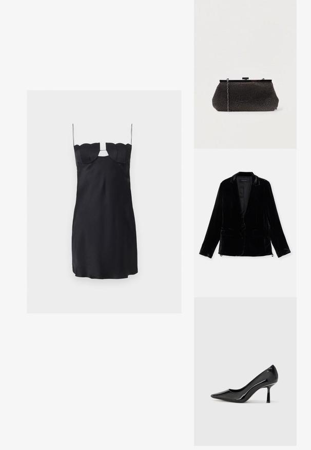 Blazer en velours noir avec manches longues, revers cranté, fermeture à un bouton, et deux poches avant. Texture douce et coupe ajustée.; Mini-robe noire avec un buste structuré en forme de coquillage, fines bretelles spaghetti et une découpe en forme de trou de serrure sous le décolleté.; Escarpin noir en cuir verni avec un bout pointu, un design épuré et un talon aiguille mince, offrant une texture lisse et brillante.; Pochette noire en mesh avec une silhouette structurée, ornée de petits clous métalliques, dotée d'une fermeture à clip et d'une bandoulière en chaîne détachable.