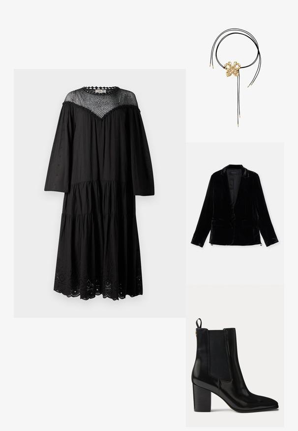 Blazer en velours noir avec manches longues, revers cranté, fermeture à un bouton, et deux poches avant. Texture douce et coupe ajustée.; Robe en coton noir avec un design à niveaux, des manches longues et un empiècement en tulle avec des bords festonnés. Détail en œillets à l'ourlet.; Bottine en cuir noir avec talon bloc, panneaux latéraux élastiques, languette au talon et bout pointu.; Collier à cordon noir avec un pendentif abstrait brillant en forme de papillon doré et extrémités dorées sur les cordons.