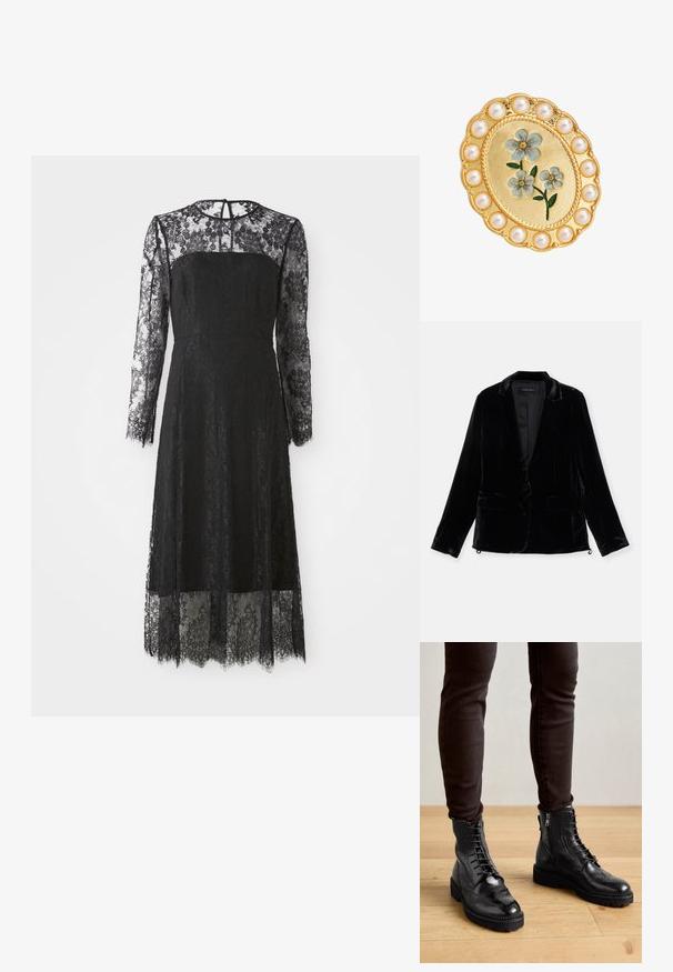 Schwarzer Samtblazer mit langen Ärmeln, Reverskragen, einreihigem Knopfverschluss und zwei vorderen Taschen. Glatte Textur und taillierte Passform.; Schwarzes Spitzenkleid mit langen Ärmeln, tailliertem Oberteil und gefüttertem Blumenmuster. Mittellang mit gewelltem Saum und einem Schlüssellochausschnitt auf der Rückseite.; Schwarze LederStiefeletten mit Brogue-Details, Schnürung, seitlichen Reißverschlüssen und strukturierten Gummi-Sohlen. Kombiniert mit dunklen Slim-Fit-Hosen.; Goldene ovale Brosche mit blauen Emailleblumen in der Mitte, umgeben von einem Kranz aus runden weißen Perlen.