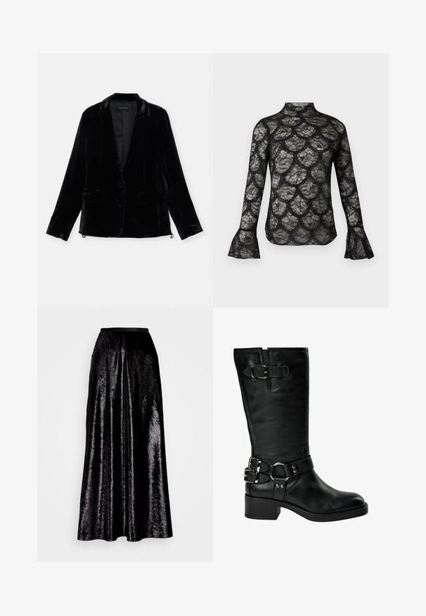 Blazer en velours noir avec manches longues, revers cranté, fermeture à un bouton, et deux poches avant. Texture douce et coupe ajustée.; Haut en dentelle noire avec col montant et manches longues évasées, présentant un motif festonné sur tout le tissu.; Jupe midi noire en tissu brillant et texturé. Elle dispose d'une taille élastique et d'un design fluide, avec un éclat subtil sur l'ensemble.; Botte noire en cuir jusqu'au milieu du mollet avec un talon bas carré, deux boucles argentées à la cheville, une boucle près du haut, et une sangle avec un détail en anneau métallique.