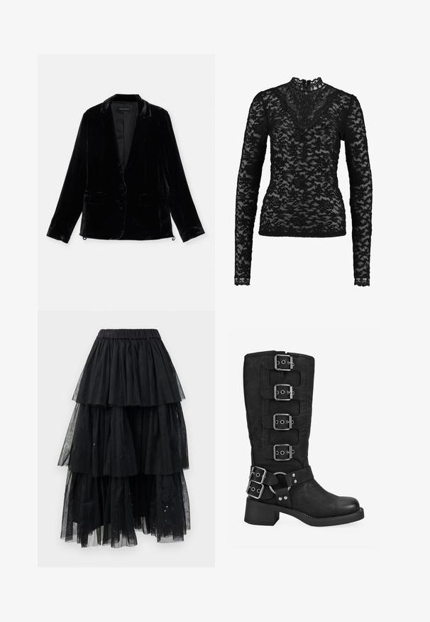 Blazer de terciopelo negro con mangas largas, solapa de muesca, cierre de un botón y dos bolsillos frontales. Textura suave y corte ajustado.; Top de encaje negro de manga larga con cuello alto, que presenta patrones florales y un dobladillo festoneado. La tela transparente añade textura y detalle.; Falda de tul negro en capas con cinturilla elástica y un diseño en cascada con longitudes variables y sutiles toques de purpurina.; Bota negra hasta la mitad de la pantorrilla con cuatro hebillas plateadas en la caña, dos hebillas cerca del tobillo y un tacón bajo y cuadrado.