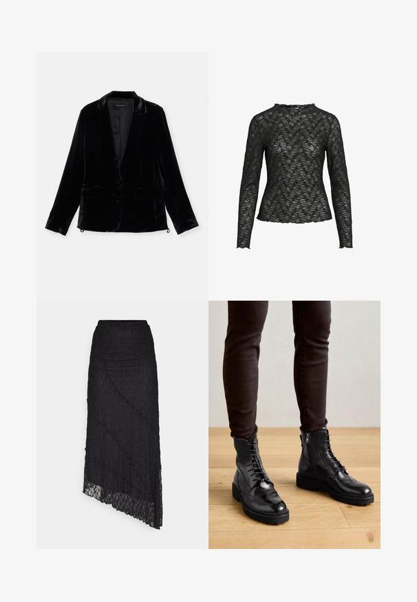 Schwarzer Samtblazer mit langen Ärmeln, Reverskragen, einreihigem Knopfverschluss und zwei vorderen Taschen. Glatte Textur und taillierte Passform.; Schwarzes Langarm-Spitzenoberteil mit Blumenmuster und geschwungenen Kanten an Ärmeln und Saum, dargestellt auf weißem einfarbigem Hintergrund.; ONLY ONLKIM SLIT - Maxirock - black; Schwarze LederStiefeletten mit Brogue-Details, Schnürung, seitlichen Reißverschlüssen und strukturierten Gummi-Sohlen. Kombiniert mit dunklen Slim-Fit-Hosen.