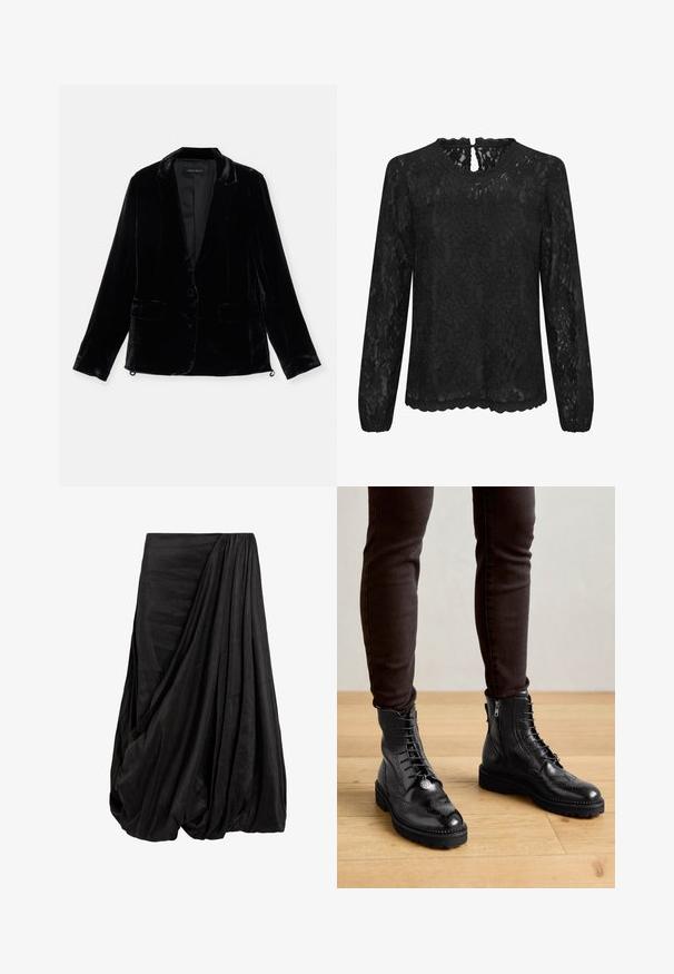 Schwarzer Samtblazer mit langen Ärmeln, Reverskragen, einreihigem Knopfverschluss und zwei vorderen Taschen. Glatte Textur und taillierte Passform.; Schwarze Spitzenshirt mit langen Ärmeln, Rundhalsausschnitt, gewelltem Saum und einem Schlüsselaugen-Detail im Rücken. Zartes Blumenmuster über das gesamte Shirt.; Schwarzer, drapierter Rock aus einem glatten Stoff, der mit komplexen Falten und einer fließenden Silhouette überzeugt. Der Rock hat eine geraffte Taille.; Schwarze LederStiefeletten mit Brogue-Details, Schnürung, seitlichen Reißverschlüssen und strukturierten Gummi-Sohlen. Kombiniert mit dunklen Slim-Fit-Hosen.