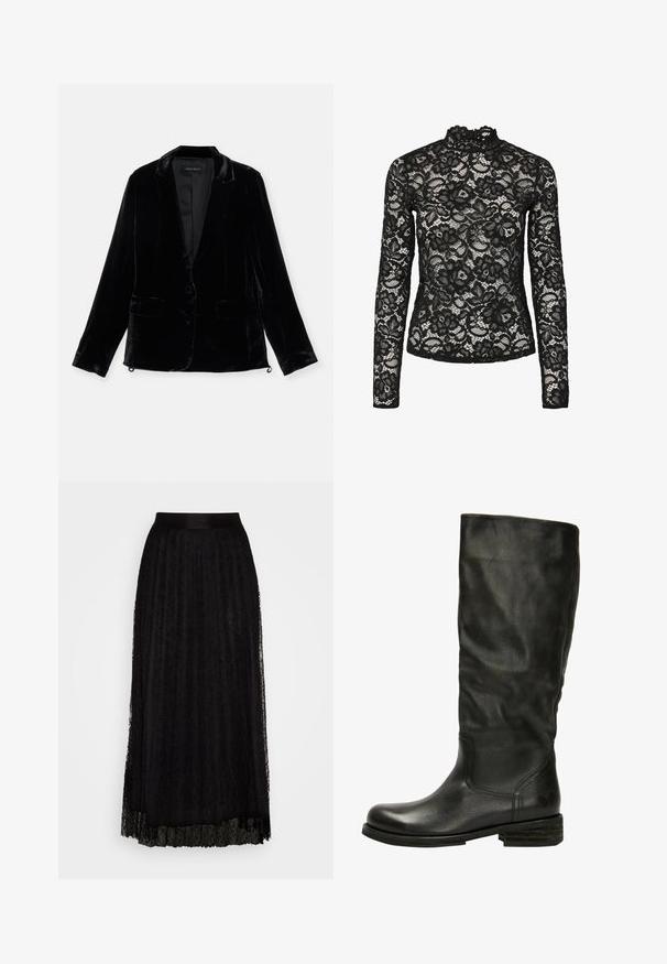 Blazer en velours noir avec manches longues, revers cranté, fermeture à un bouton, et deux poches avant. Texture douce et coupe ajustée.; Haut en dentelle noire à manches longues avec col haut agrémenté d'une bordure à volants, motifs floraux et texture transparente. Conçu pour un ajustement près du corps.; Jupe maxi noire en dentelle avec un motif texturé, dotée d'une taille lisse et d'un design superposé et fluide.; Felmini Bottes - black