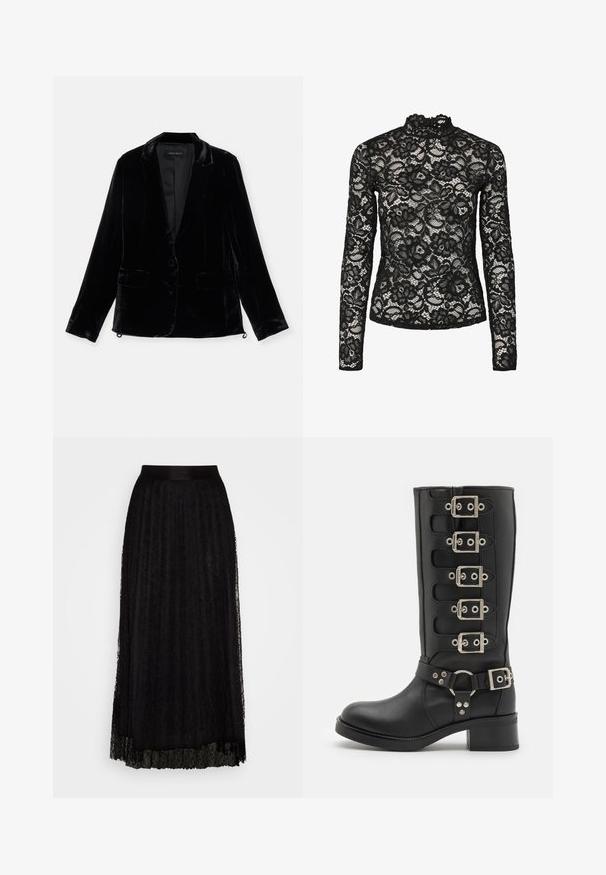 Blazer en velours noir avec manches longues, revers cranté, fermeture à un bouton, et deux poches avant. Texture douce et coupe ajustée.; Haut en dentelle noire à manches longues avec col haut agrémenté d'une bordure à volants, motifs floraux et texture transparente. Conçu pour un ajustement près du corps.; Jupe maxi noire en dentelle avec un motif texturé, dotée d'une taille lisse et d'un design superposé et fluide.; Botte noire haute jusqu'au genou en cuir lisse, ornée de six boucles en métal argenté, d'une large sangle avec un anneau en O et d'un solide talon bloc.