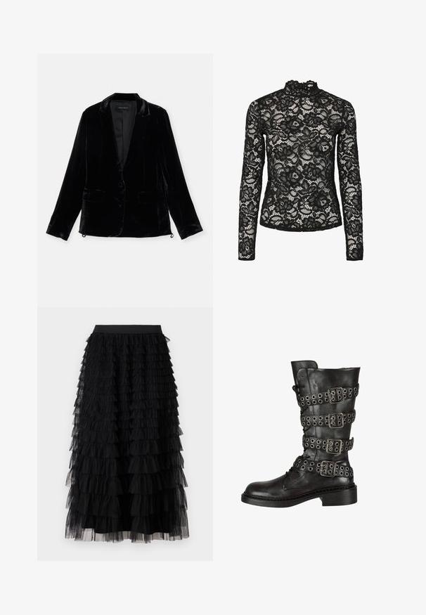Sort fløjl blazer med lange ærmer, slagkrave, enkelt knaplukning og to forlommer. Glat tekstur og skræddersyet pasform.; Sort blonde top med lange ærmer, der har en høj hals med flæsedetaljer, blomsterprint og en gennemsigtig tekstur. Designet til en tætsiddende silhuet.; Vero Moda VMNAJA Mid waist Long - Maxinederdele - black; Sorte læder knæhøje støvler med flere sølv spænder og hægter, med en afrundet tå og en lav blokhæl. Struktureret finish.