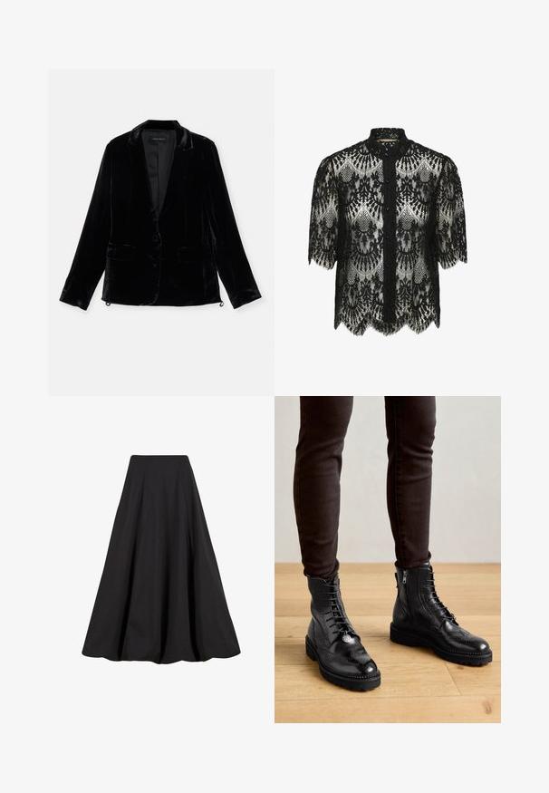 Blazer en velours noir avec manches longues, revers cranté, fermeture à un bouton, et deux poches avant. Texture douce et coupe ajustée.; Blouse en dentelle noire avec un ourlet festonné et des manches courtes. Présente un col haut et une fermeture à boutons. Motif floral complexe sur l'ensemble.; Jupe longue noire en tissu lisse, présentant des plis et une taille haute. Le design offre une silhouette fluide et un volume ample.; Bottines en cuir noir avec des détails de brogue, un laçage à l'avant, des fermetures éclair sur les côtés et des semelles en caoutchouc texturé. Associées à un pantalon slim noir.