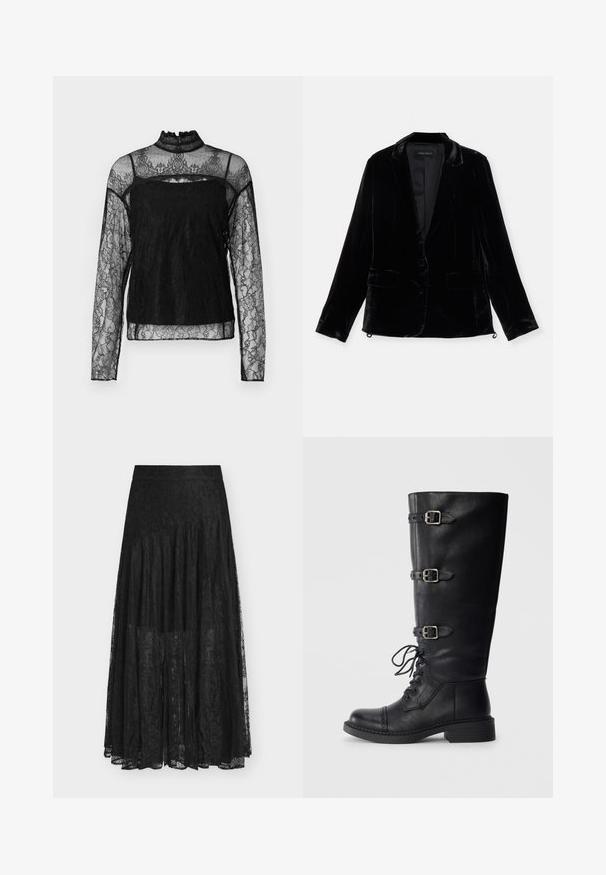 Blazer en velours noir avec manches longues, revers cranté, fermeture à un bouton, et deux poches avant. Texture douce et coupe ajustée.; Haut en dentelle noir à manches longues avec col haut, motif floral complexe, tissu transparent et panneau solide sur la zone de la poitrine.; Jupe en dentelle noire avec un design fluide et à volants. Comprend une ceinture, des motifs floraux délicats et une texture transparente. La longueur s'étend jusqu'au milieu du mollet.; Bottines en cuir noir, hautes jusqu'au genou, avec un laçage sur le devant, trois accents de boucles, un bout rond et un petit talon carré. Texture lisse avec une finition mate.