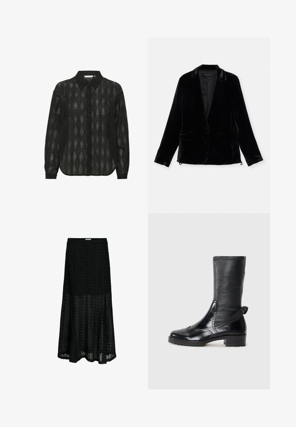 Blazer de terciopelo negro con mangas largas, solapa de muesca, cierre de un botón y dos bolsillos frontales. Textura suave y corte ajustado.; Camisa negra de botones hecha de tela transparente, con un patrón de diamantes y un cuello puntiagudo. Mangas largas con puños abotonados.; Falda negra de corte línea A con superposición de encaje floral texturizado, ajustada en cintura y caderas, se ensancha debajo de la rodilla, bajo parcialmente transparente.; Botín negro con parte superior de cuero suave, detalles de brogue, puntera redondeada y tacón bloque de altura media. Presenta un eje suave y texturizado.