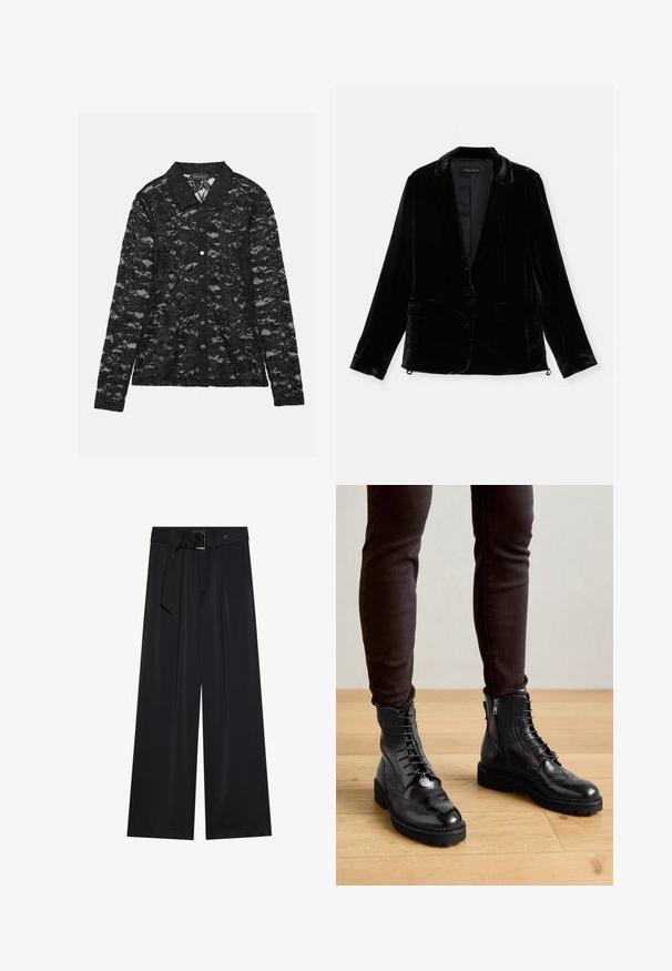 Blazer de terciopelo negro con mangas largas, solapa de muesca, cierre de un botón y dos bolsillos frontales. Textura suave y corte ajustado.; Blusa de encaje negro con cuello camisero, mangas largas, cierre de botones con botones verdes y un patrón floral en toda la prenda.; Pantalones de pierna ancha negros, confeccionados en una tela suave, que presentan una cintura alta con un cinturón y detalles de lazo, y pliegues frontales prominentes.; Botas negras de cuero hasta el tobillo con detalles de brogue, cordones en la parte delantera, cremalleras laterales y suelas de goma texturizadas. Combinadas con pantalones oscuros de corte slim.