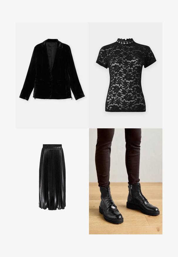 Zwarte fluwelen blazer met lange mouwen, notch revers, enkele knoopsluiting en twee voorzakken. Gladde textuur en slim fit.; Zwarte kanten top met een hoge rimpel halslijn en korte mouwen, met een bloemenpatroon en doorzichtige textuur over het geheel.; Zwarte plissé midi rok met een glanzende afwerking, elastische tailleband en opvallende verticale plooien, die een textuur- en vloeiend uiterlijk bieden.; Zwarte leren enkellaarsjes met brogue-details, een vetersluiting aan de voorkant, ritsen aan de zijkant en gestructureerde rubberen zolen. Gecombineerd met donkere slim-fit broek.