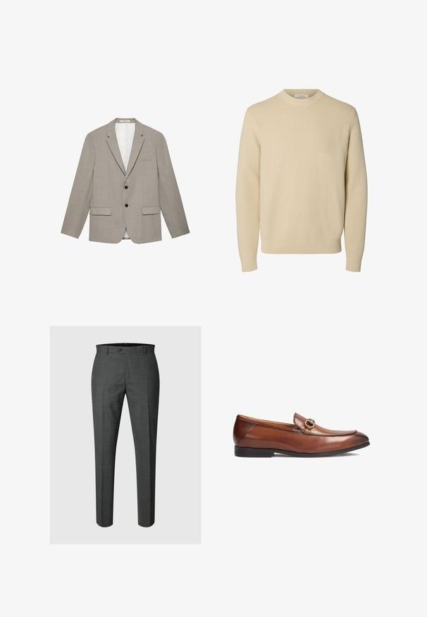 Lysegrå herreblazer med hakrevers, to sorte knapper, klaplommer og en brystlomme med slidse, vist fladt på en hvid baggrund.; Enkel beige crewneck striktrøje med lange ærmer og ribstrikkede manchetter og kant.; Mørkegrå skræddersyede formelle bukser med knaplukning og bæltestropper, vist mod en lysegrå baggrund.; Brune læder loafers med rund tå, syningsdetaljer og en dekorativ metalspændeaccent foran. Gummisol.