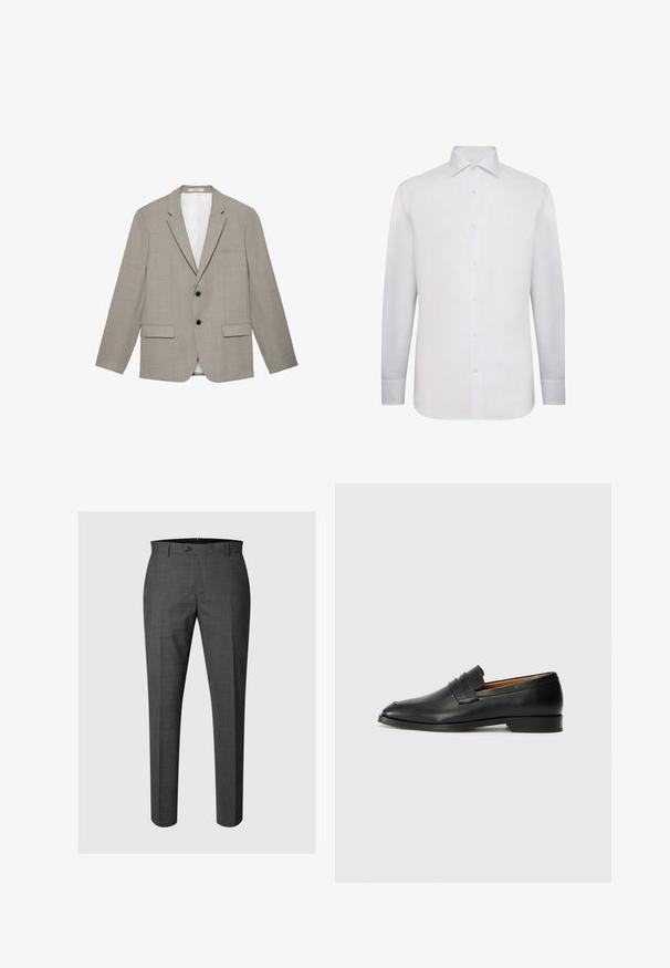 Hellgraues Herrenblazer mit Kerbkragen, zwei schwarzen Knöpfen, Pattentaschen und einer Brustleistentasche, flach auf weißem Hintergrund dargestellt.; Weißes Langarm-Hemd aus glattem Stoff. Mit klassischem Kragen, durchgehendem Knopfverschluss und geknöpften Manschetten. Keine Muster oder Verzierungen.; Dunkelgraue maßgeschneiderte formelle Hose mit Knopfverschluss und Gürtelschlaufen, vor einem hellgrauen Hintergrund gezeigt.; Schwarze Leder-Slipper mit runder Zehenform, dezenten gestickten Details und niedrigem Absatz, ausgestattet mit glatter Textur und minimalistischem Design.
