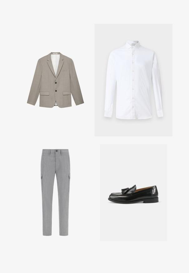 Blazer homme gris clair avec revers crantés, deux boutons noirs, poches à rabat et une poche poitrine passepoilée, présenté à plat sur fond blanc.; Chemise à manches longues blanche en coton, dotée d'un col classique, d'une coupe droite et d'une texture lisse avec des boutons assortis.; Pantalons cargo gris en tissu texturé, dotés de poches latérales, d'une fermeture à bouton et d'une coupe fuselée.; Mocassins en cuir noir avec un accent de gland, un bout arrondi et une finition lisse. La semelle est plate avec un motif de trottoir minimal.