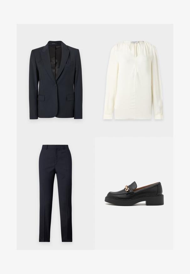 Blazer bleu navy foncé avec un design structuré, des revers crantés, une fermeture à un seul bouton et deux poches avant. Tissu lisse avec une texture subtile.; Blouse à manches longues de couleur crème avec col en V et plis discrets près de l'encolure, présentée sur un fond uni.; Pantalons ajustés bleu marine avec une coupe droite, présentant une texture lisse, deux poches avant et une taille épurée.; Mocassin en cuir noir avec une semelle plateforme épaisse, orné d'une chaîne métal doré et présentant des détails de couture visibles. Texture lisse et design élégant.