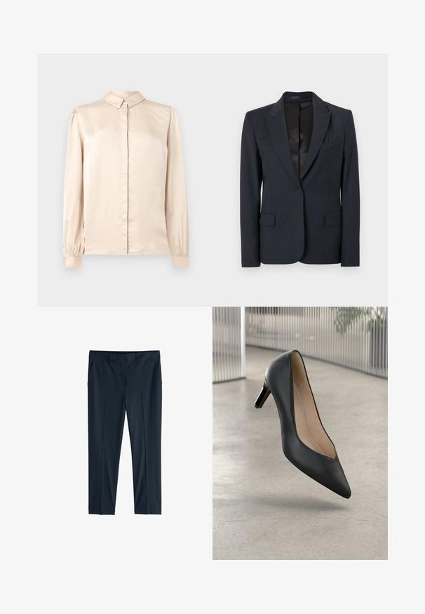 Blazer de un azul marino oscuro con un diseño estructurado, solapas de muesca, cierre de un solo botón y dos bolsillos frontales. Tejido suave con una textura sutil.; Camisa de satén beige de manga larga con cuello abotonado, pliegue frontal y mangas abullonadas recogidas en los puños. Textura suave y brillante.; Pantalones de vestir entallados en azul marino oscuro con trabillas para cinturón, bolsillos laterales y corte recto.; Zapato de tacón alto de cuero negro con punta afilada y una silueta elegante, con un tacón bajo y un forro interior suave.