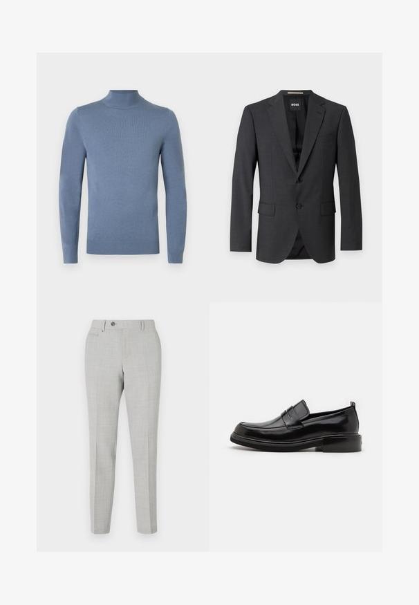 Blazer gris foncé avec un revers classique, deux poches avant, fermeture à un bouton et un tissu texturé subtil. L'intérieur est noir.; Pull à col roulé bleu clair en tissu tricoté, avec manches longues, col et ourlet côtelés. Design simple sans motifs visibles.; Pantalon gris ajusté avec un motif à carreaux subtil, fabriqué en tissu léger. Dispose d'une fermeture à bouton et de poches latérales. Silhouette ajustée.; Calvin Klein MOCCASIN - Mocassins de ville - black
