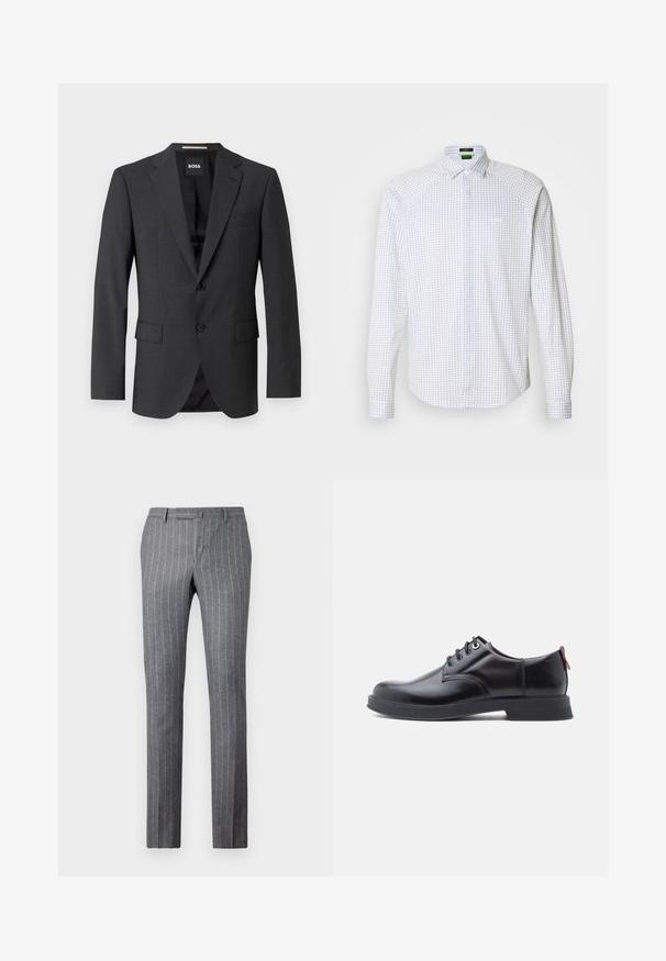 Blazer gris oscuro con solapa notch clásica, dos bolsillos delanteros, cierre de un solo botón y tejido texturizado sutil. El interior es negro.; Camisa de manga larga abotonada en blanco con un patrón de cuadros en azul. Presenta un cuello clásico y un bolsillo en el frente. Tejido suave con un ajuste estructurado.; Pantalones a rayas gris claro hechos de una tela texturizada, que presentan un diseño clásico, un corte recto y dos bolsillos frontales.; Zapatos de piel negra con cordones, textura lisa, puntera redondeada y detalles sutiles de costura. Cuentan con una lengüeta roja en el talón.
