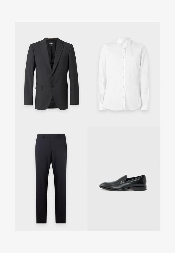 Dunkelgrauer Blazer mit klassischem Revers, zwei Fronttaschen, einknöpfigem Verschluss und subtil strukturiertem Stoff. Das Innenfutter ist schwarz.; Weißes, langärmliges Hemd aus Baumwolle mit Knöpfen. Verfügt über einen spitzen Kragen und ein kleines, gesticktes Logo auf der Brust. Glatte Textur.; Dunkelblau maßgeschneiderte Hose mit flachem Frontbereich, schlankem Schnitt, Seitentaschen und glatter Textur; keine sichtbaren Muster oder Verzierungen.; Schwarzer Herren-Ledermokassin mit niedrigem Absatz, abgerundeter Zehe und kleinem metallischem Logo auf dem Riemen, seitlich auf schlichtem Hintergrund dargestellt.