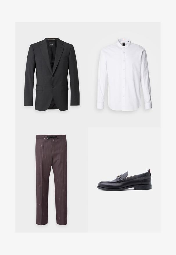 Tumed hall blazer klassikalise nõkiga, kahe esipocketiga, ühe nööbiga sulgemisega ja peene tekstuuriga kangaga. Sees on must.; Valge pika varrukaga särk, millel on riba krae, nööpidega esikülg ja ümar hem. Valmistatud puuvillast, omades siledat tekstuuri ja õrna läiget.; Tumedast lillad elastse vööga püksid vertikaalsete triipude ja peente trükitud aktsentidega. Kerge materjal, mis on mugava lõikega.; Mustast nahast mokassiin halli tekstuuriga pealse ja hõbedase metallist pandlaga, madala kontsaga ja tagant tõmblukuga.