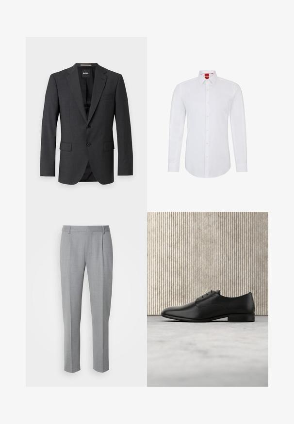 Blazer gris foncé avec un revers classique, deux poches avant, fermeture à un bouton et un tissu texturé subtil. L'intérieur est noir.; Chemise blanche à manches longues avec un col, dotée d'une fermeture à boutons sur le devant et d'un tissu doux et lisse. Aucun motif ou accent visible.; Pantalons gris sur mesure avec une texture lisse, présentant un devant plat, des jambes droites et de légères pinces pour plus de détail.; Chaussure habillée en cuir noir au design épuré, à bout arrondi, avec cinq œillets pour les lacets et un petit talon rehaussé. Détail du logo embossé subtil.