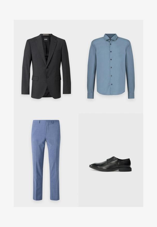 Mørkegrå blazer med klassisk notch-lapel, to forlommer, enkeltknaplukning og subtilt tekstureret stof. Indersiden er sort.; Lyseblå bomuldsskjorte med lange ærmer, spids krave, knaplukning foran og sorte knapper. Glat tekstur, buet kant.; Lysblå dressbukser i skræddersyet pasform, struktureret stof, flad front, skrå sidelommer og en glat talje med bæltesløjfer.; Sort læder herresko med glat overflade, spids tå, seks snørrehuller og lav, rektangulær hæl. Diskret brandingdetalje på siden.