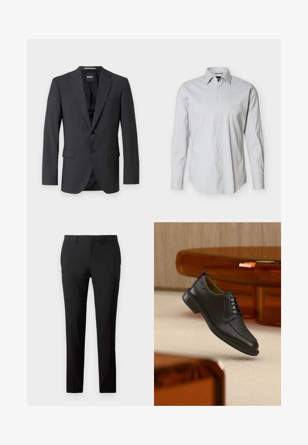 Dunkelgrauer Blazer mit klassischem Revers, zwei Fronttaschen, einknöpfigem Verschluss und subtil strukturiertem Stoff. Das Innenfutter ist schwarz.; Hellgraues Herrenhemd mit langen Ärmeln, durchgehender Knopfleiste, spitzem Kragen und ein-Knopf-Manschetten auf schlichtem weißem Hintergrund.; Maßgeschneiderte schwarze Hose aus glattem Stoff. Sie verfügt über ein gerades Bein, Vorderfalten und Gürtelschlaufen für eine anpassbare Größe.; Schwarzer Leder-Schnürschuh mit texturierter Vorderseite, schwebend über beigem Teppich in einem modernen Raum mit bernsteinfarbenen Möbeln.