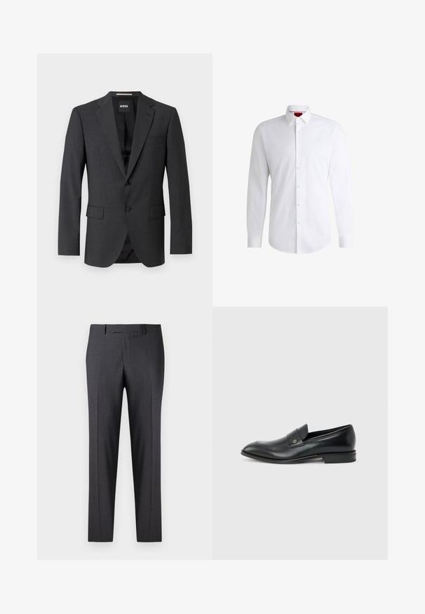 Dunkelgrauer Blazer mit klassischem Revers, zwei Fronttaschen, einknöpfigem Verschluss und subtil strukturiertem Stoff. Das Innenfutter ist schwarz.; Weißes Herrenhemd aus glattem Stoff mit klassischem Kragen, langen Ärmeln und abgerundetem Saum. Mit eleganten beigen Knöpfen an der Vorderseite.; Maßgefertigte dunkelgraue Hosen aus einem glatten, strukturierten Stoff; mit flacher Vorderseite und geraden Beinen; minimalistisches Design ohne sichtbare Akzente.; Schwarzer Herren-Ledermokassin mit niedrigem Absatz, abgerundeter Zehe und kleinem metallischem Logo auf dem Riemen, seitlich auf schlichtem Hintergrund dargestellt.
