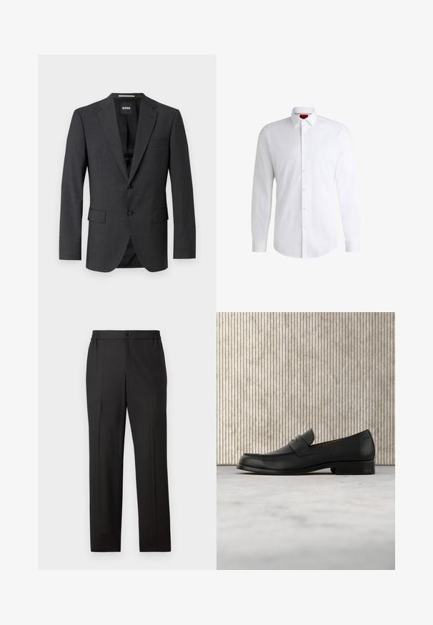 Blazer gris oscuro con solapa notch clásica, dos bolsillos delanteros, cierre de un solo botón y tejido texturizado sutil. El interior es negro.; Camisa blanca de botones, confeccionada en tela suave, con collar clásico, mangas largas y dobladillo curvado. Presenta botones beige en la parte delantera.; Pantalones negros con diseño de pierna recta, cintura elástica con cierre de botón, frente plano y textura de tela suave.; Zapato mocasín de cuero negro flotando sobre una alfombra beige con una mesa redonda marrón brillante al fondo.