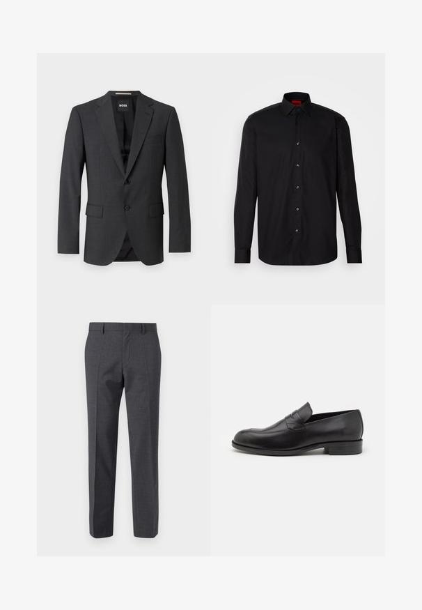 Blazer gris foncé avec un revers classique, deux poches avant, fermeture à un bouton et un tissu texturé subtil. L'intérieur est noir.; Chemise noire à manches longues en tissu lisse, avec un col classique, un fermeture à boutons à l'avant et une coupe ajustée.; Pantalons tailleur gris avec une finition texturée, devant plat et design à jambe droite. Comprend des poches latérales et des passants de ceinture.; Mocassins en cuir noir avec un bout arrondi et de subtils détails de couture. Texture lisse et talon bas avec une marque à l'arrière.
