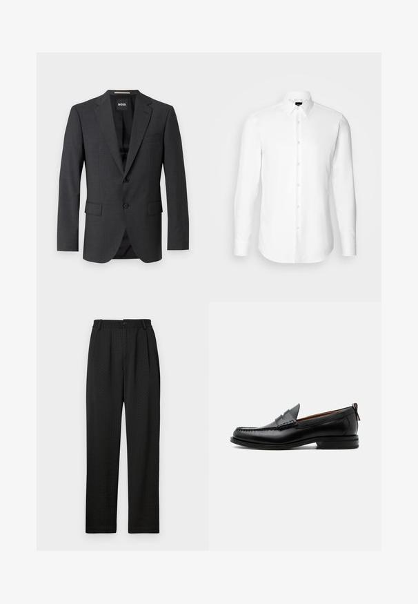 Blazer gris oscuro con solapa notch clásica, dos bolsillos delanteros, cierre de un solo botón y tejido texturizado sutil. El interior es negro.; Camisa blanca de manga larga, con cierre de botones en el frente, cuello clásico, confeccionada con una tela suave con una textura sutil, diseñada para un ajuste entallado.; Pantalones negros con un patrón texturizado, que presentan una cintura ancha con un botón y pliegues delanteros para un ajuste entallado. Diseño de pierna recta.; Mocasín de hombre de piel negra con costura moc toe, tira penny, cuello texturizado y tacón bajo apilado sobre fondo blanco.