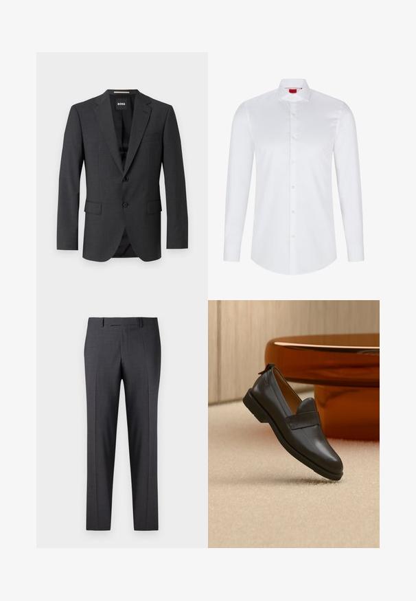 Donkergrijze blazer met een klassieke notch lapel, twee voorzakken, een enkele knopen sluiting en subtiele textuurstof. Binnenzijde is zwart.; Witte lange mouwen knoopsluiting shirt gemaakt van soepel katoen. Beschikt over een klassieke kraag, volledige knoopsluiting en afgeronde zoom.; Op maat gemaakte donkergrijze broeken van een soepel, gestructureerd weefsel; heeft een vlakke voorkant en rechte pijpen; minimalistisch ontwerp zonder zichtbare accenten.; Zwarte leren loafer met lage hak zwevend boven een beige tapijt, naast een glanzende amberkleurige tafel in een minimalistische kamer.