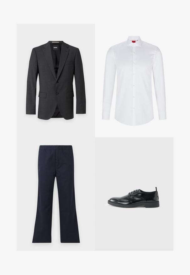 Donkergrijze blazer met een klassieke notch lapel, twee voorzakken, een enkele knopen sluiting en subtiele textuurstof. Binnenzijde is zwart.; Witte lange mouwen knoopsluiting shirt gemaakt van soepel katoen. Beschikt over een klassieke kraag, volledige knoopsluiting en afgeronde zoom.; Donkerblauwe, uitlopende broeken gemaakt van soepel materiaal. Heeft een elastische tailleband en zijzakken. Strakke lijnen en een minimalistisch ontwerp.; Glanzende zwarte lederen nette schoen met lage hak, vetersluiting en ronde neus, van opzij getoond tegen een effen lichte achtergrond.