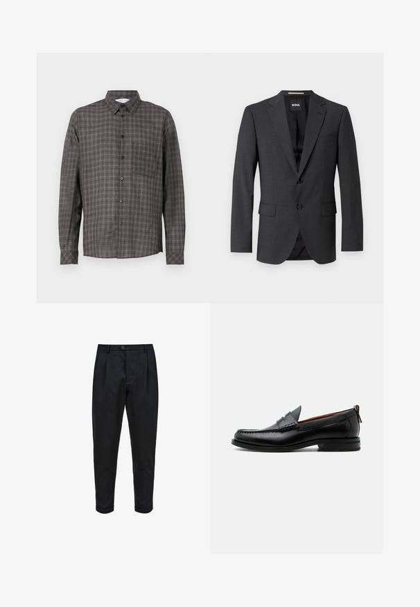 Mørkegrå blazer med klassisk notch-lapel, to forlommer, enkeltknaplukning og subtilt tekstureret stof. Indersiden er sort.; Langærmet ternet skjorte i mørkegrå med lysere rute mønstre, knaplukning og en brystlomme. Fremstillet af letvægtsstof.; Sorte bukser lavet af et glat stof, med plisseret for, tætsiddende pasform og optrukne mansjetter. Enkel knaplukning i taljen.; Sort læder herre loafer med moc-tå syning, penny strop, struktureret krave og lav stablet hæl på hvid baggrund.