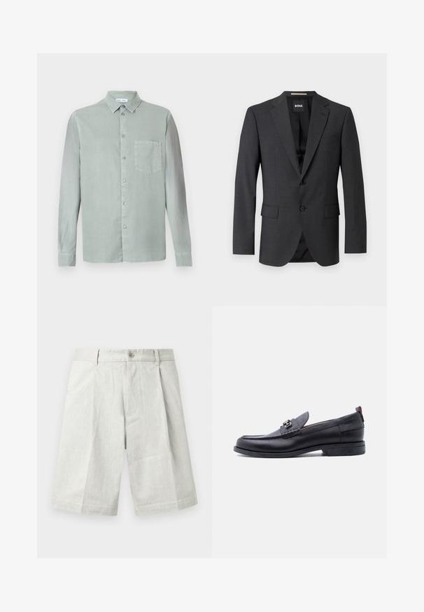 Mørkegrå blazer med klassisk notch-lapel, to forlommer, enkeltknaplukning og subtilt tekstureret stof. Indersiden er sort.; Lys grøn langærmet skjorte med knap-til-krave, brystlomme og en let tekstureret stof. Har matchende knapper.; Lysegrå shorts lavet af tekstureret stof med knaplukning, plisseringer og lige snit, velegnet til afslappet brug.; Sort lædermokasin med grå tekstureret forfod, sølvfarvet metalspænde, lav hæl og trækflap bagpå.