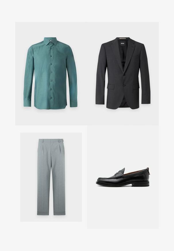 Blazer gris foncé avec un revers classique, deux poches avant, fermeture à un bouton et un tissu texturé subtil. L'intérieur est noir.; Chemise à manches longues en tissu teal avec un tissage texturé, fermeture à boutons sur le devant, col pointu et boutons assortis. Design légèrement ajusté.; Pantalons gris clair en tissu texturé avec un design à jambes droites, plis simples et ourlets retroussés. Apparence minimaliste et sur mesure.; Mocassin homme en cuir noir avec couture moc toe, bride penny, col texturé et petit talon empilé sur fond blanc.