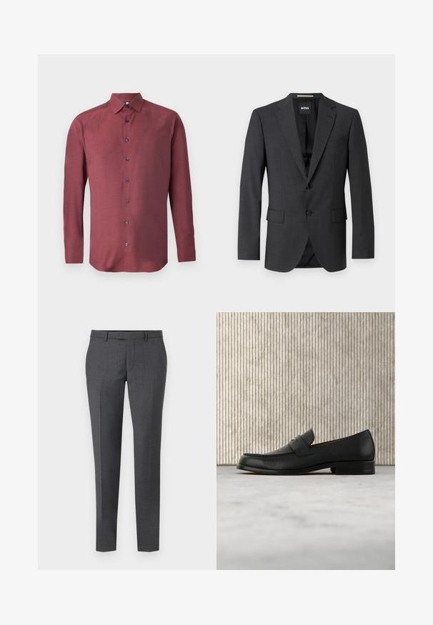 Blazer gris foncé avec un revers classique, deux poches avant, fermeture à un bouton et un tissu texturé subtil. L'intérieur est noir.; Chemise à manches longues, boutonnée, en tissu bordeaux avec un motif texturé et des boutons bleu foncé ; elle présente un col pointu et un ourlet droit.; Pantalons ajustés gris avec une texture lisse, coupe droite, devant plat et passants de ceinture. Présente un motif à carreaux subtil et un pli sur le devant.; Mocassin en cuir noir flottant au-dessus d'un tapis beige avec une table ronde brune brillante en arrière-plan.