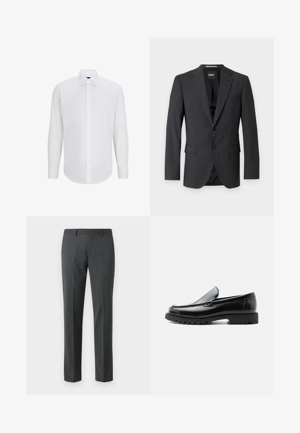 Blazer gris foncé avec un revers classique, deux poches avant, fermeture à un bouton et un tissu texturé subtil. L'intérieur est noir.; Chemise blanche à manches longues en tissu lisse, avec un col standard, une fermeture à boutons à l'avant et un ourlet arrondi. Pas de motifs ni d'accents visibles.; Pantalons ajustés gris foncé en textile lisse. Présente des jambes droites, une taille plate et des passants de ceinture. Pas de motifs ou d'accents visibles.; Mocassin en cuir noir avec semelle en caoutchouc épaisse, dessus cousu et nom de marque embossé sur le talon, présenté de profil sur fond blanc.