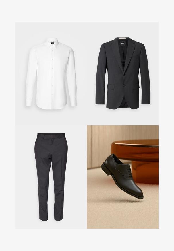 Blazer gris oscuro con solapa notch clásica, dos bolsillos delanteros, cierre de un solo botón y tejido texturizado sutil. El interior es negro.; Camisa blanca de manga larga, con cierre de botones en el frente, cuello clásico, confeccionada con una tela suave con una textura sutil, diseñada para un ajuste entallado.; Pantalones grises ajustados con una textura suave, corte slim y piernas entalladas, con un frente plano y lazos para cinturón como detalle adicional.; Zapato de vestir negro de cuero pulido con cordones flotando sobre una alfombra beige, con una gran mesa de cristal redonda de color ámbar al fondo.