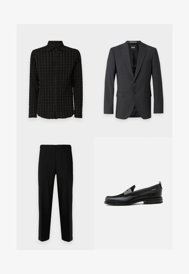 Mørkegrå blazer med klassisk notch-lapel, to forlommer, enkeltknaplukning og subtilt tekstureret stof. Indersiden er sort.; Sort langærmet skjorte med et tekstureret ternet mønster i mørke nuancer, med knaplukning foran, krave og manchetter med matchende striber.; Sorte bukser lavet af glat stof, med lige snit, to forlommer og lynlås med knaplukning.; Sort læderloafer med grå remdetalje, lav hæl og tekstureret sål, mærket med "HUGO" i guld på siden.